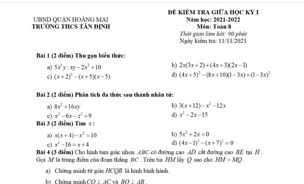 Toán 8: Đề kiểm tra giữa học kỳ 1. Trường THCS Tân Định năm học 2021-2022